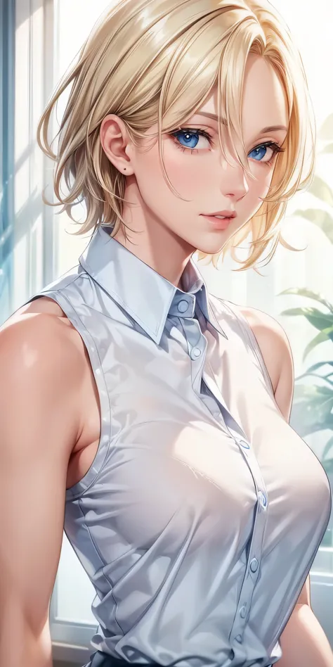 portrait, realistic, elegant mature woman, blue eyes, blonde hair, 4k resolution, ultra detailed cg, beautiful cg, soft light