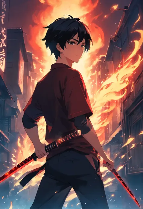 Two anime characters sitting on a platform with fire in the background -  SeaArt AI