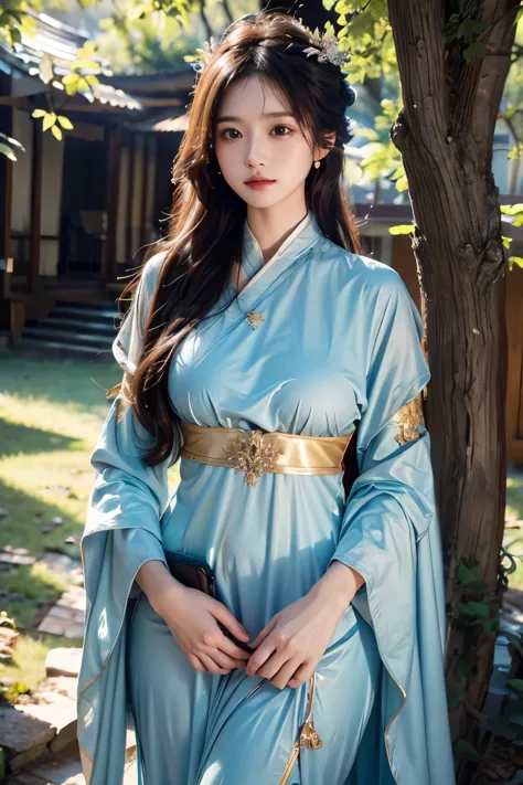 in a quiet forest、A beautiful female swordsman is standing。She wears flowing hair and elegant attire.、The figure holding the swo...