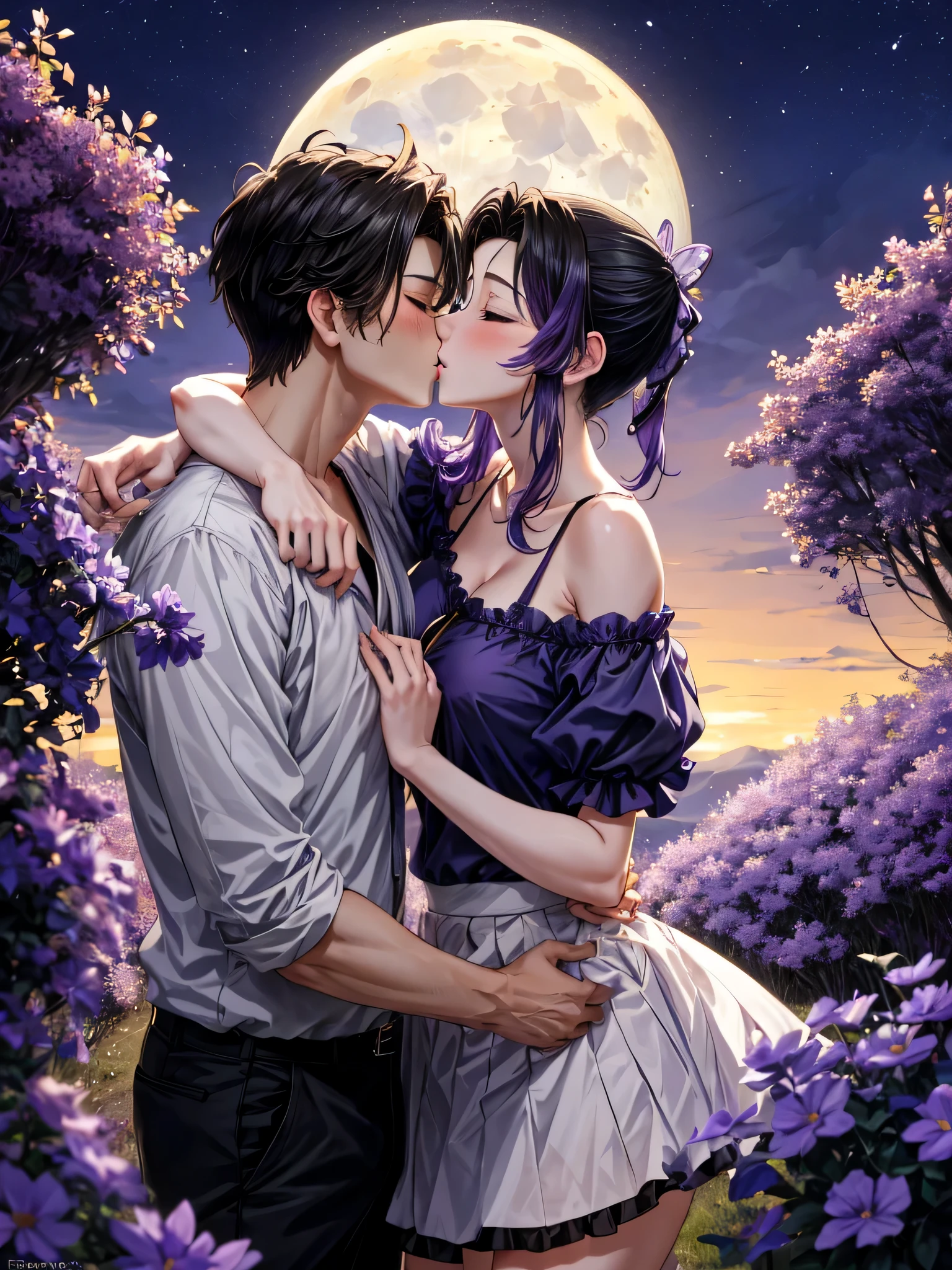 NSFW , HDR , masterpiece , high quality , ultra details , best quality , standing in garden , couple , romantic scene , ((one boy and one girl)) , ((attractive)) , (adult) ,Shinobu ,((hug and kiss)) , ((eyes closed)) ,  ((boy grab her tits by hand)) , skirt , purple eyes , cute face , short purple hair , detailed person quality , medium breast , seduce , ((night with moon)), purple flowers, soft light