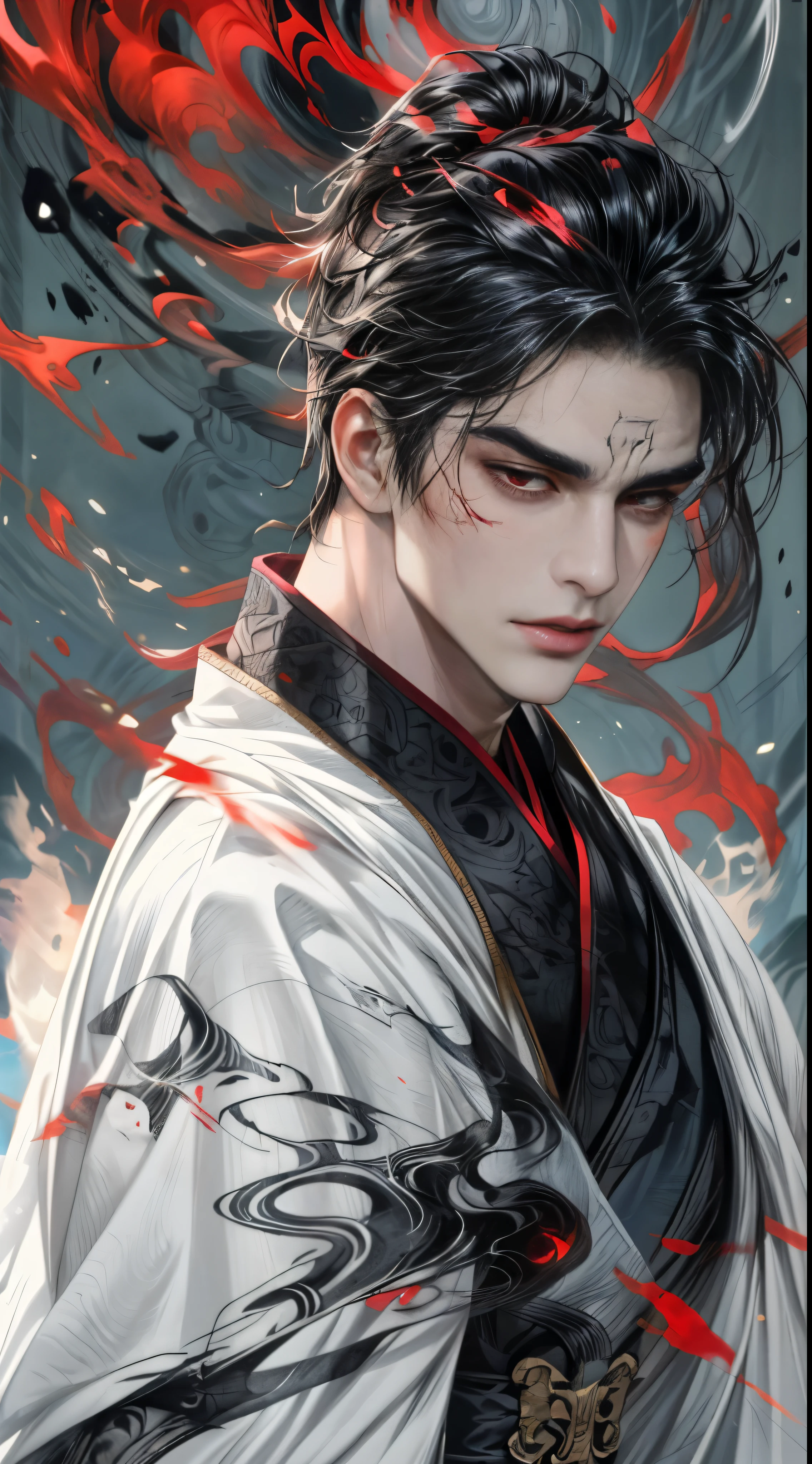 art board ,  Close-up of a brunette man , Man in white robes, Red eyes , beautiful character  , Epic and beautiful character art, Stunning character art, author：FAN Qi , realistic art ,  , The edges of art are faded by splashes of ink (Super detailed faces) , (Super detailed ink art)，red pupils，Handsome