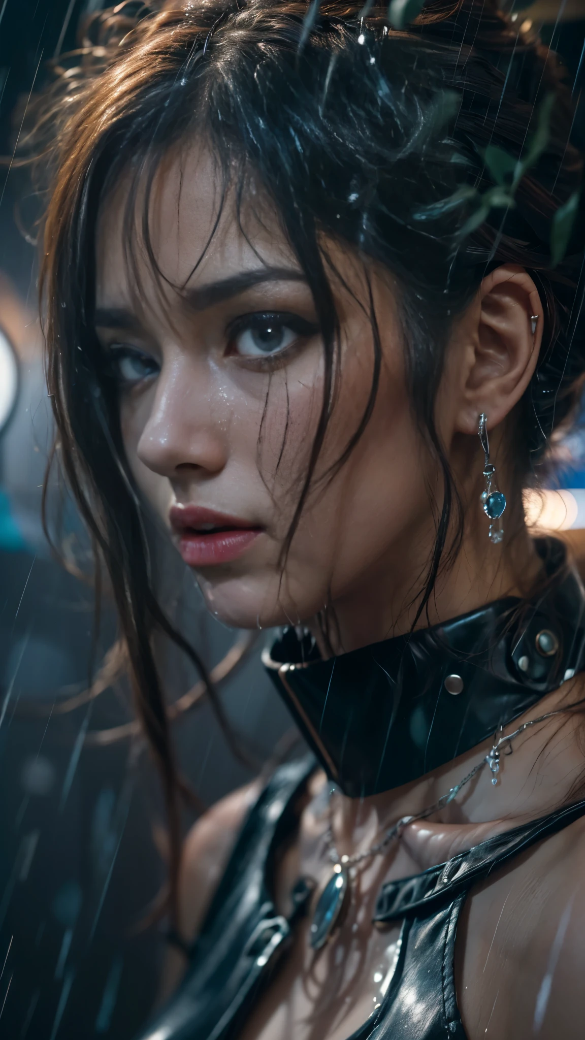 (RAW shooting, Photoreal:1.5, 8K, highest quality, masterpiece, ultra high resolution), perfect dynamic composition:1.2, Night street corner of a modern city, expression of sadness:0.3, (((Typhoon heavy rain))), Highly detailed skin and facial textures:1.2, Slim female police officer wet in the rain:1.3, Fair skin, sexy beauty:1.1, perfect style:1.2, beautiful and aesthetic:1.1, very beautiful face, water droplets on the skin, (rain drips all over my body:1.2, wet body:1.2, wet hair:1.3), (Wet tight leather skirt:1.2, wet police uniform:1.3), belt, (Medium chest, Bra is transparent, Chest gap), (cry, lovelorn, The expression on your face when you feel intense caress, Facial expression when feeling pleasure), (beautiful blue eyes, Eyes that feel beautiful eros:0.8), (Too erotic:0.9, Bewitching:0.9), cowboy shot, handcuffs, necklace, earrings, bracelet, clock