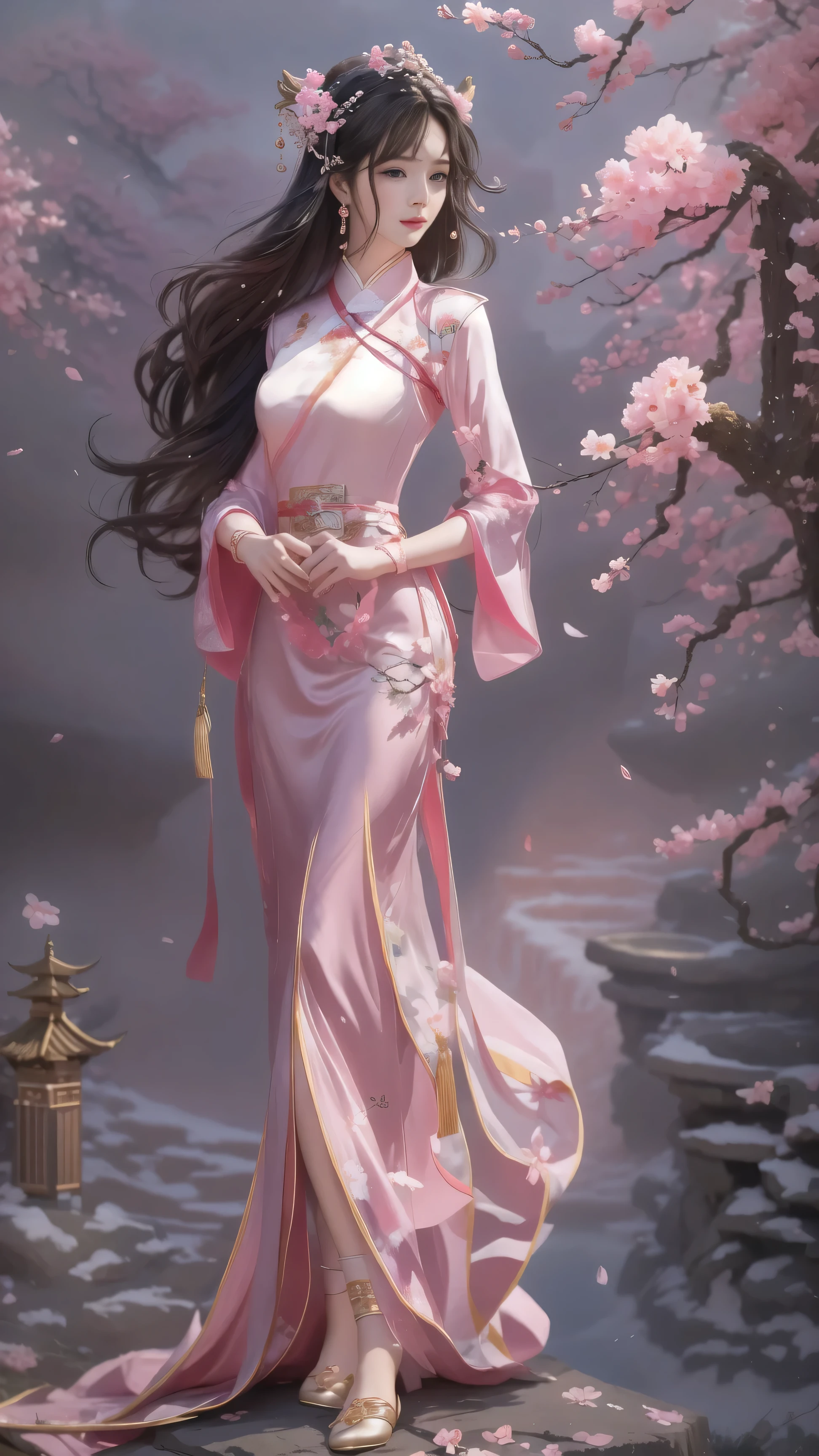 Vestida de cheongsam largo antiguo rosa，Gire la cabeza 45 grados hacia la izquierda.，mirar directamente，La cara es muy delicada.，Cuerpo ligeramente hacia la derecha，El pie izquierdo está al frente.，El pie derecho está detrás.，manos juntas，pelo rizado negro，Referencia de estilo Jian Wang Amor 3，estilo étnico, Estilo antiguo y clásico., hermoso mago, El fondo es un loft de dos niveles.，Los cerezos florecen junto a él.，Bajo tus pies hay un suelo de piedra.，Detrás hay escalones de piedra.，Fuentes de diseño y confección.: Rey de gloria Zhen Ji&#39;s sueño del jardín，Fuente de inspiración Song Maojin，números elegantes, Hermoso arte conceptual de cuerpo completo., hermosa obra de arte digital, Seda fluida color flor de cerezo, Chen Lin, Rob Ray and Kentaro Miura style, Inspirado por Fenghua Zhong, por Qu Leilei, Autor：lengmei, Autor：canción de li