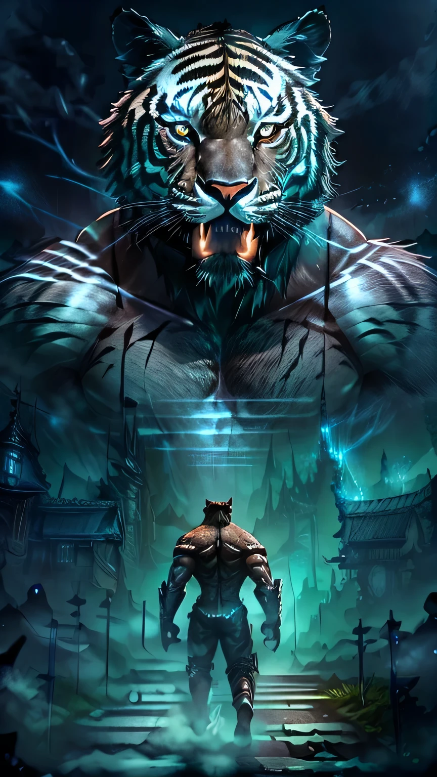 (dark fantasy), (super wide angle), "moonlight", black forest, Science fiction, A muscular tiger (looking at the audience, Bright Eyes, open mouth, on the far right of the screen, Eyes green, Muscle bulging), Electroluminescence, powerful and fierce, (masterpiece, best quality, ultra high definition, Very detailed, movie lighting)