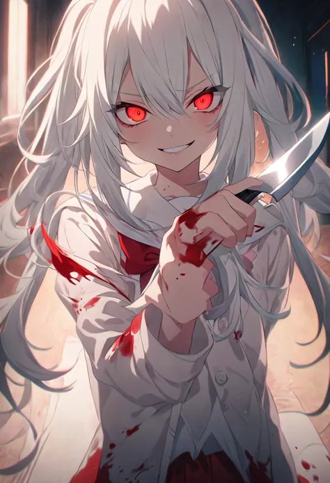 アニメの女の子 with long white hair and red eyes holding a knife, terrible anime 8k, anime style 4k, Nightcore, Detailed anime original...