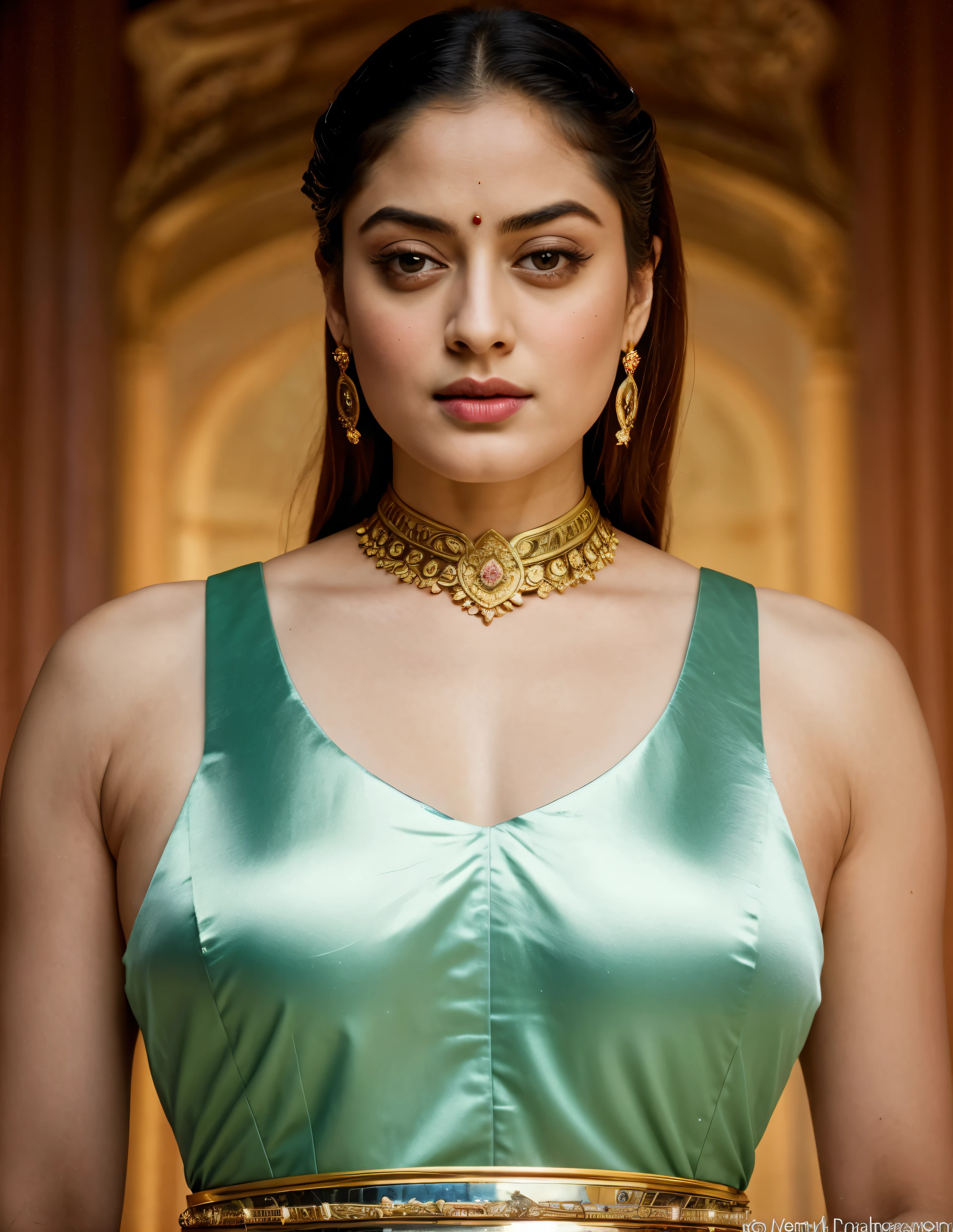 Looks like Sandeepa Dhar, "Design an illustration of a stunning and powerful warrior queen with a regal presence. She should possess a combination of strength and grace. Imagine her in ornate, yet practical armor that complements her figure. The armor should be adorned with intricate details and symbols representing her royal lineage and warrior prowess. Her weapon of choice could be a unique and elegant sword or a mythical weapon that reflects her status as a formidable leader.

Her facial features should exude confidence and determination, with piercing eyes that convey both fierceness and wisdom. The queen's hair, whether long or short, should flow dynamically, hinting at her movement in battle. Consider incorporating elements that emphasize her connection to nature or a mythical realm, such as ethereal backgrounds, symbolic animals, or mystical symbols.

Pay attention to the color palette; use rich, bold colors that enhance her royal aura. Experiment with lighting to highlight specific details and create a sense of drama. Ensure that her posture and expression capture the essence of a queen who commands respect and admiration. Feel free to draw inspiration from historical warrior queens or fictional characters, blending elements to create a unique and captivating image."