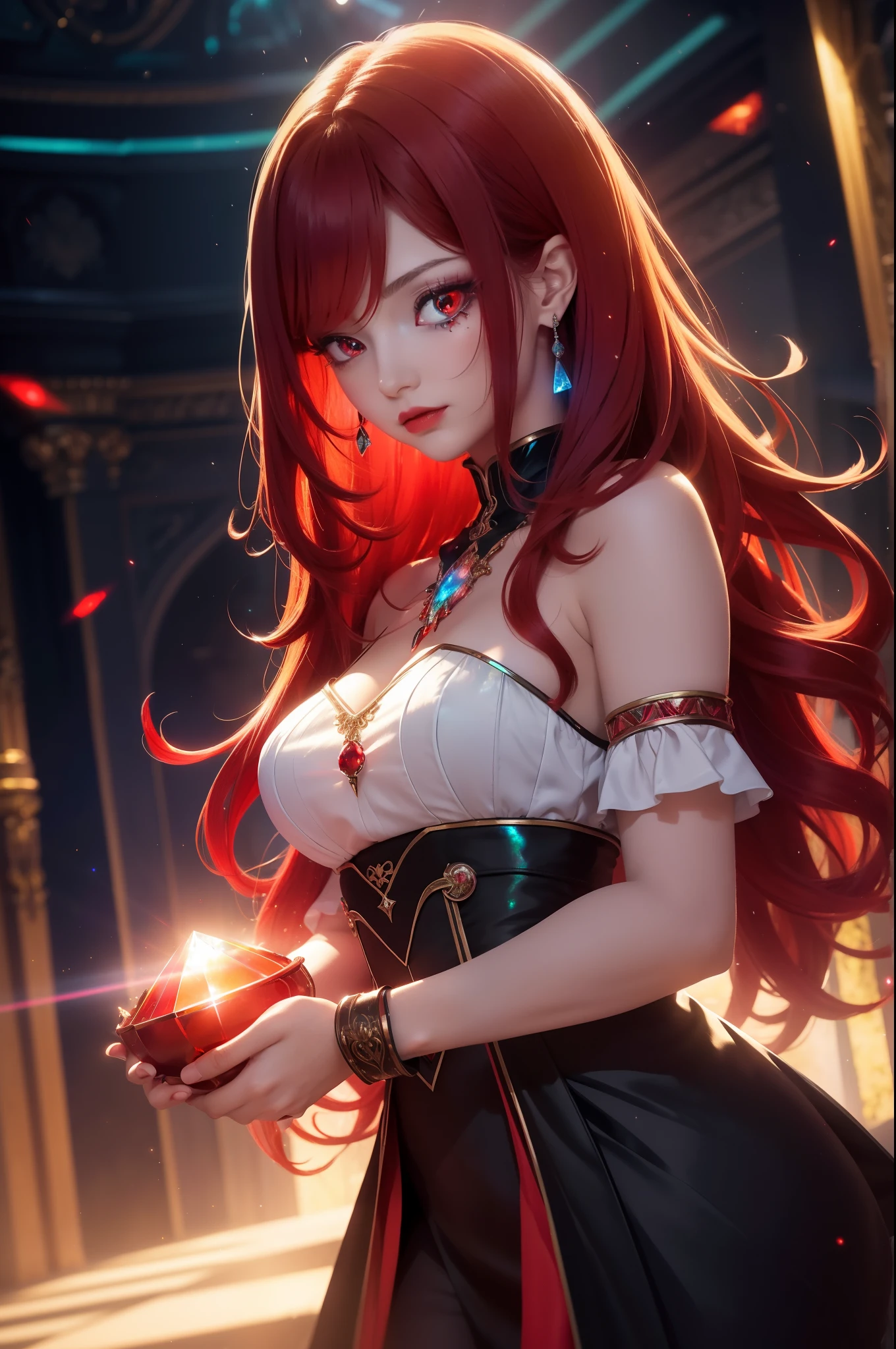 (masterpiece), high details, high quality, a beautiful woman, red hair, long hair, beautiful detail eyes, crimson red eyes, red lips, fire witch, blood, light particles, holding red crystal, light rays, glowing red crystal, (Luminous crystal, shining crystal), wallpaper, high contrast, intricate details, volumetric lighting , (dynamic composition:1.2), highly detailed, colorful details,( iridescent colors:1.2), (glowing lighting, atmospheric lighting), dreamy, magical, (solo), lens flare, (colorful), Cinematic light, high-res, sharp focus, smooth, colorful light, particles, (red color scheme ),