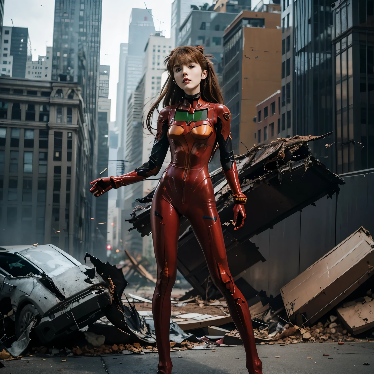 (best quality,4k,8k,highres,masterpiece:1.2),ultra-detailed,red-faced（:1.1）,long dark brown curly hair with hair accessories,showing off her perfectly styled bun,masterpiece:1.2), plug suit 02, Asuka Langley Sohryu, Evangelion, slender 15-year-old girl（:1.1） wearing a full-body suit, (completely destroyed metropolis:1.75) in the background, please look at the camera