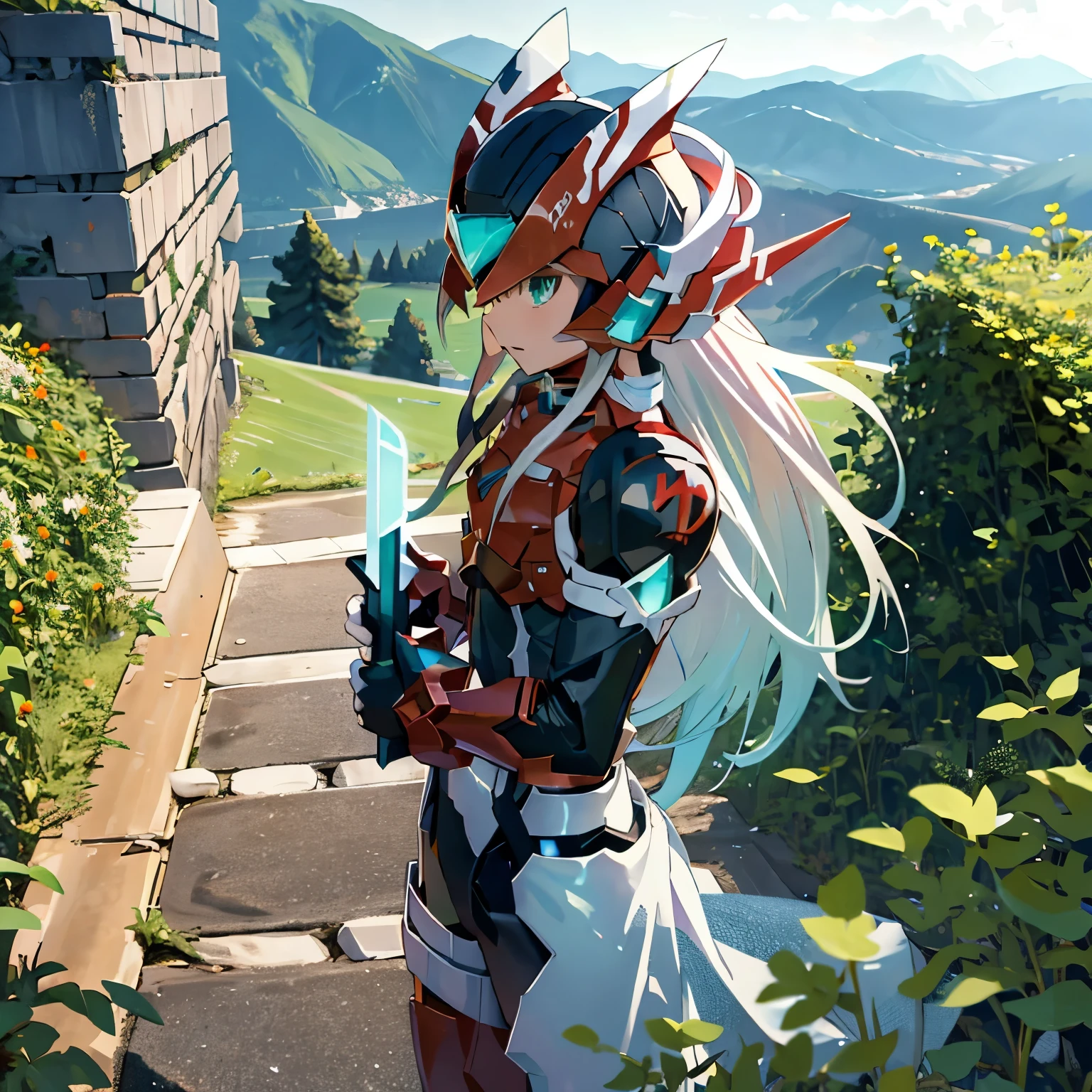 megzeromyth2023, 1boy, long white hair, red armor, green energy sword, high quality, masterpiece, standing on a hill with mountains around him, in the style of anime art, imposing monumentality, translucent immersion, grandeur of scale, i can't believe how beautiful this is, light black and azure, grandiose ruins