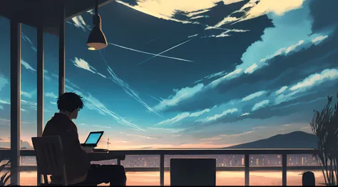there is a man sitting in a chair with a laptop and headphones, noite calma. digital illustation, lo-fi illustration style, Elog...