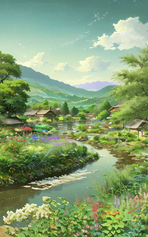 a beautiful garden、Painting of river and houses, Beautiful Art Ultra HD 4K, 4k highly detailed digital art, stunning wallpapers,...