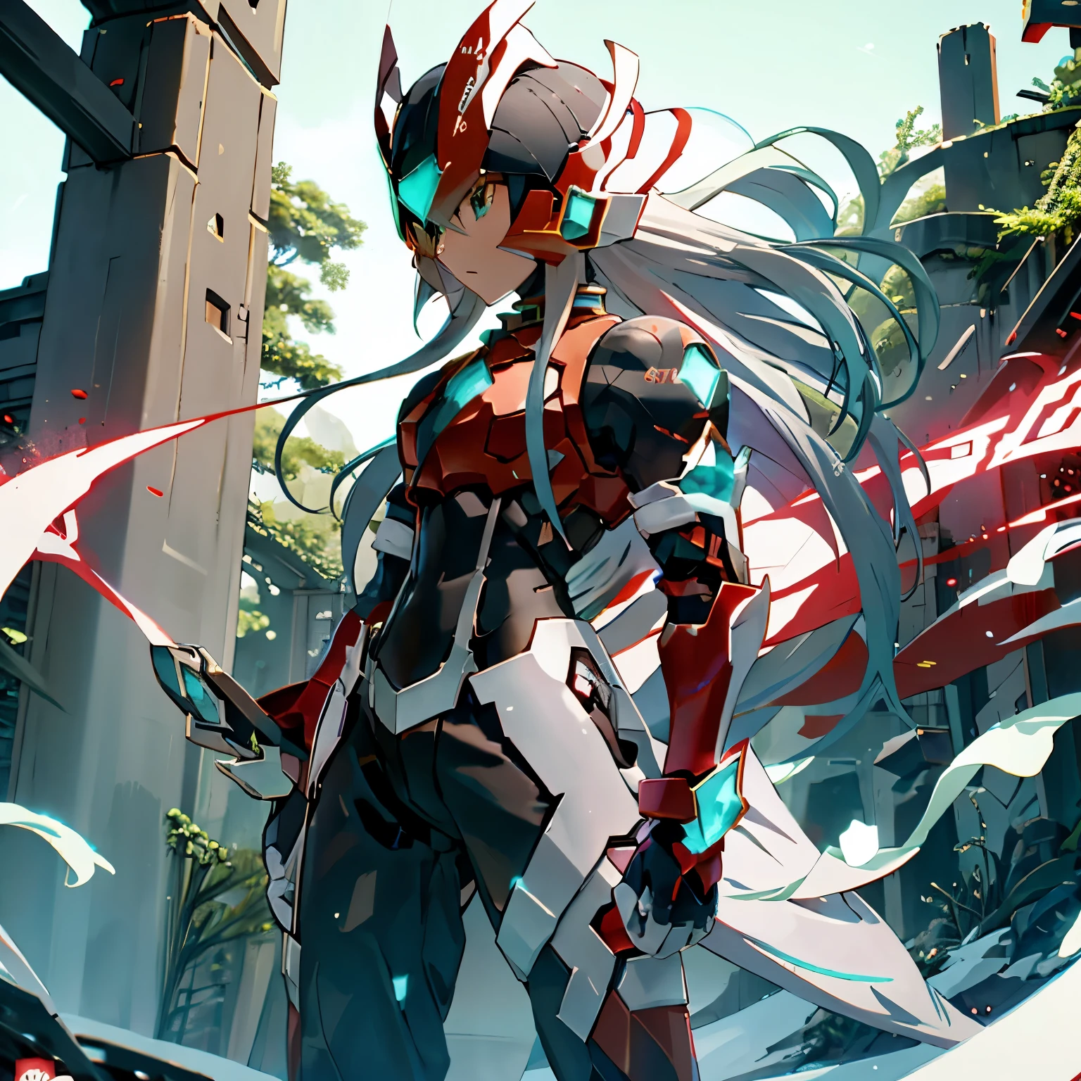 megzeromyth2023, 1boy, long white hair, red armor, green energy sword, high quality, masterpiece, standing on a hill with mountains around him, in the style of anime art, imposing monumentality, translucent immersion, grandeur of scale, i can't believe how beautiful this is, light black and azure, grandiose ruins