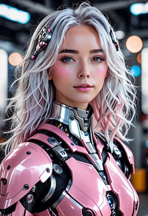 Facial portrait of an ultra pretty cyborg girl, Perfect Android girl, beautiful robot character design, streamlined pink armor, ...