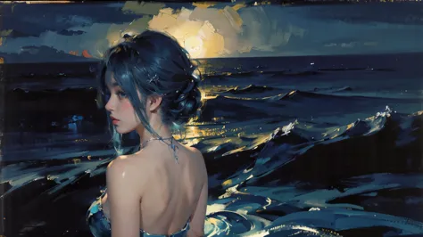 Night，oil painting style，back view of a girl，blue hair，Upper body，The background is the sea，late night，exquisite eyes