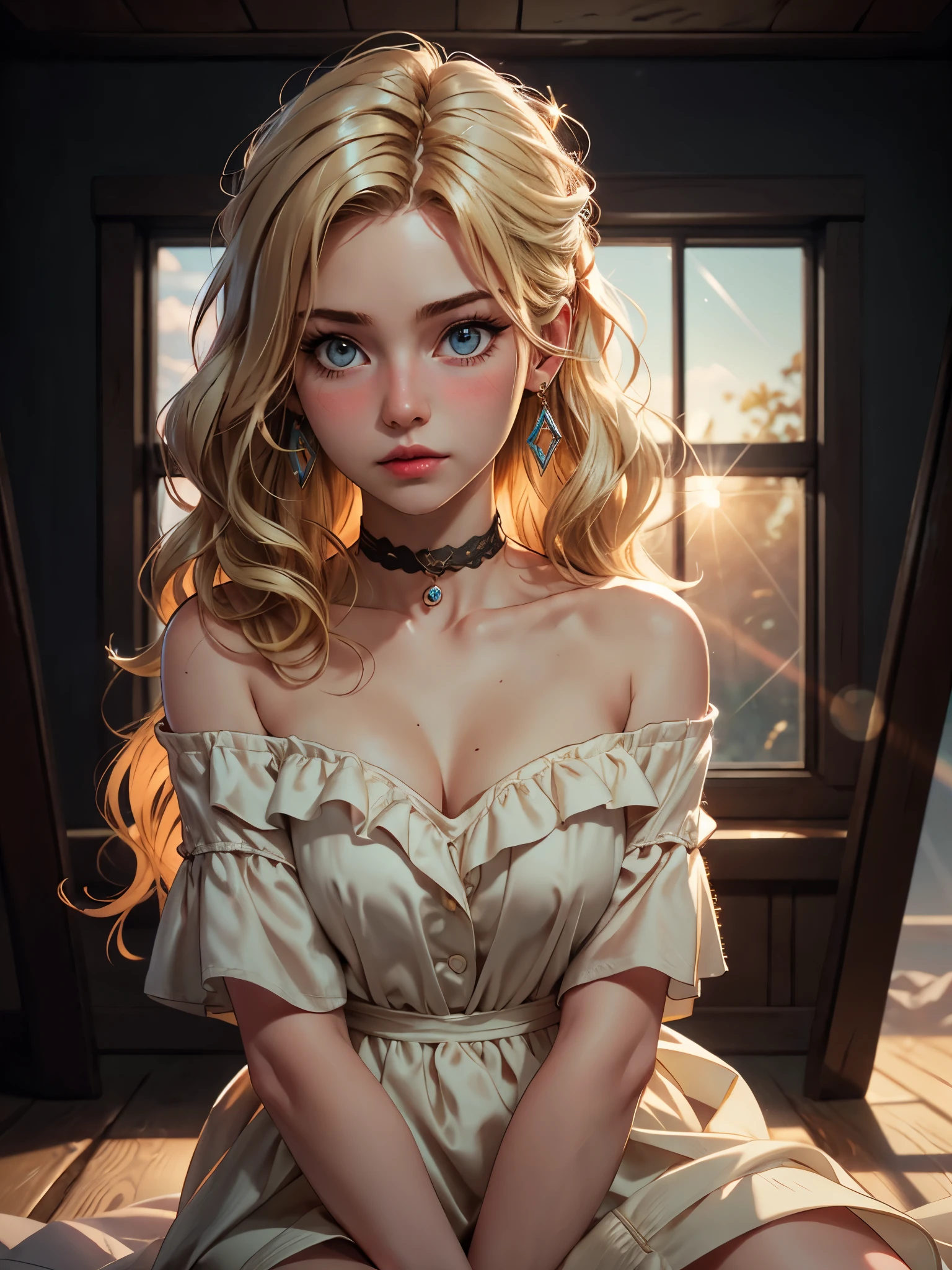 realistic, best quality, 8k uhd, dslr, soft lighting, high quality, film grain, Fujifilm XT3, intricate detail, depth of field, 20 years old girl, sitting, (lens flare, backlight:1.2), (blonde, long wavy hair), earrings, hair ornament, off shoulder,  blush, choker, looking at viewer, flash,