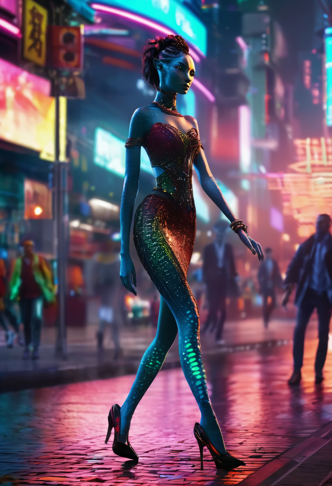 avatar character,big ,sexy clothing,stockings,high heels,walking along streets,side view,photo-realistic,(best quality,4k,8k,highres,masterpiece:1.2),ultra-detailed,(realistic,photorealistic,photo-realistic:1.37),illustration,additional details: neon lights, bustling city, night scene, busy pedestrians, glamorous makeup, shiny jewelry, confident facial expression, chic hairstyle, dynamic pose, vibrant colors, dramatic lighting, strong contrast