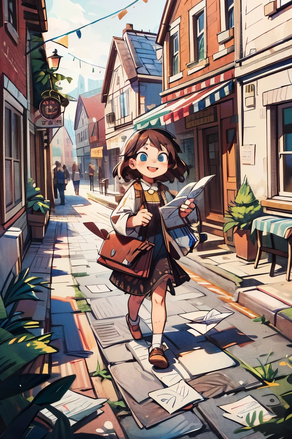 masterpiece, 4k, detailed, extreme detailed, hd,girl,smile face,outdoor,brown hair,blue eyes,town,handing you a paper