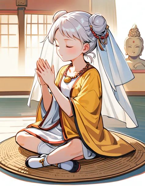 (1 female Bodhisattva:1.4) sitting on Round straw mat, (indian style:1.3), sitting in straw mat, (Round straw mat:1.3), (Meditation position:1.3), (Raise hands, crossed hands, Prayer position:1.3), dignified and beautiful, wearing (white silk Buddha clothe...