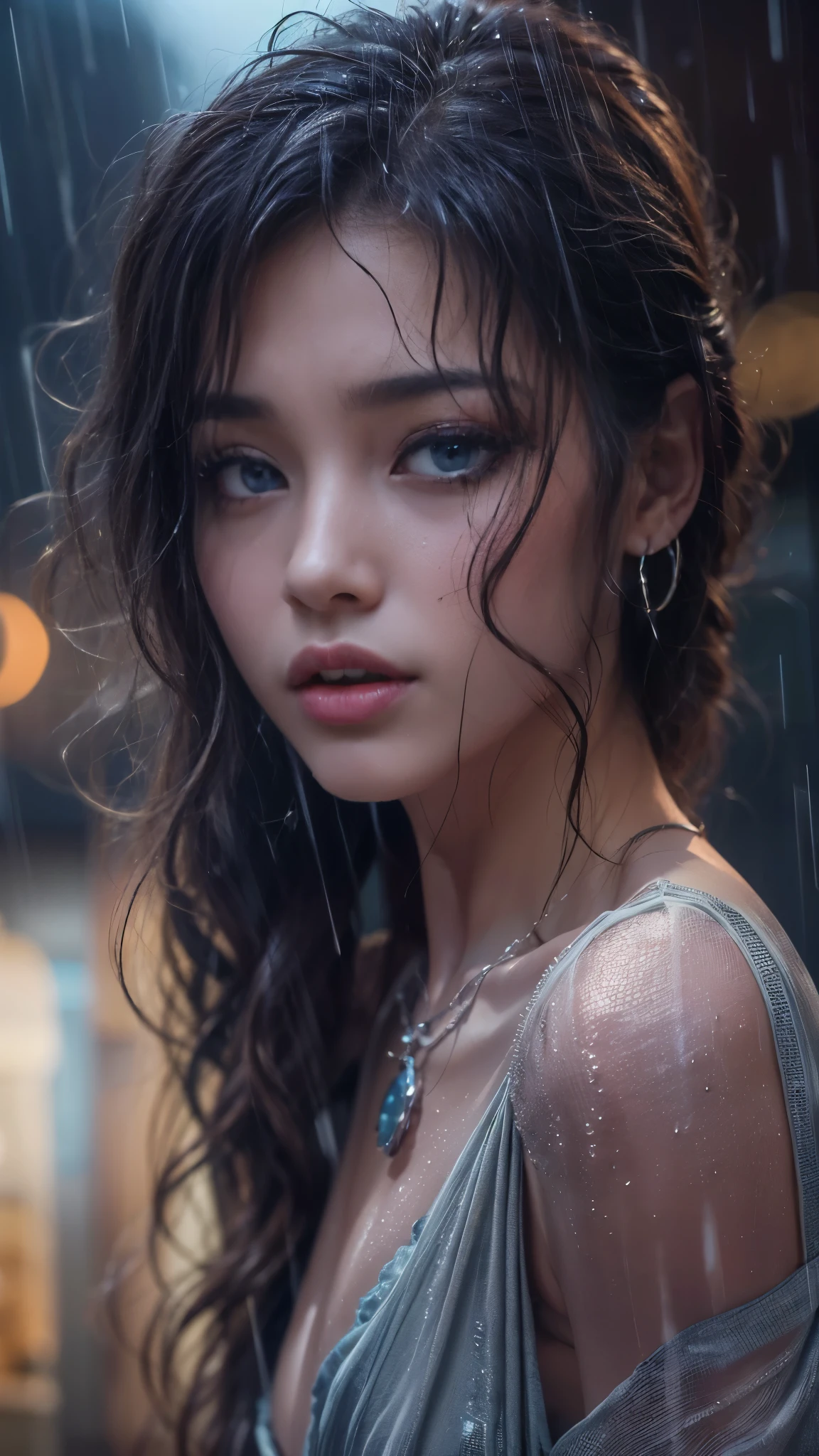 (RAW shooting, Photoreal:1.5, 8K, highest quality, masterpiece, ultra high resolution), perfect dynamic composition:1.2, Night street corner of a modern city, expression of sadness:0.5, (((Typhoon heavy rain))), Highly detailed skin and facial textures:1.2, Slim office lady wet in the rain:1.3, Fair skin, sexy beauty:1.1, perfect style:1.2, beautiful and aesthetic:1.1, very beautiful face, water droplets on the skin, (rain drips all over my body:1.2, wet body:1.2, wet hair:1.3, wet skirt:1.2, wet blouse:1.3), belt, (Medium chest, Bra is transparent, Chest gap), (cry, lovelorn, The expression on your face when you feel intense caress, Facial expression when feeling pleasure), (beautiful blue eyes, Eyes that feel beautiful eros:0.8), (Too erotic:0.9, Bewitching:0.9), cowboy shot, Shoulder bag, necklace, earrings, bracelet, clock