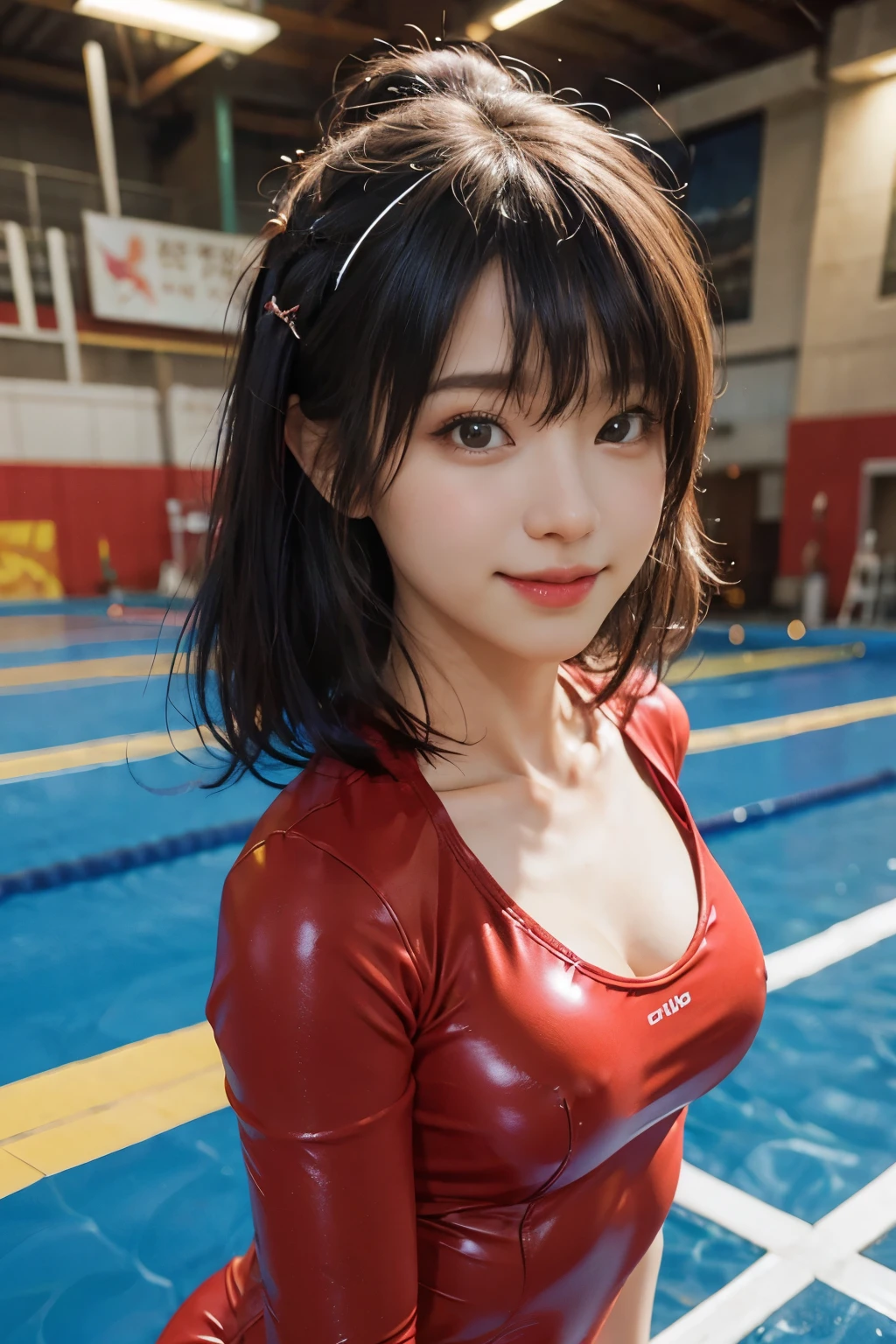 best image quality、超A high resolution、table top、photo quality(photo-realistic:1.8)、pores、Accuracy、japanese women、17 years old、girl smile、black haired、Cute dimples、no makeup、Shortcut with hairpins、bobby pin、boyish girl、Slender girl、Like small breasts 、small breasts、 、flat breasted 、vast university gymnasium、high ceiling、light from the ceiling、[gymnastics、average platform、Indoor gymnastics arena、red leather catsuit、high leg cut、Translucence of nipples、 sticking out、camel toe、open your arms、birth of venus、smiling face、Please smile often、facing the front、naughty angel、