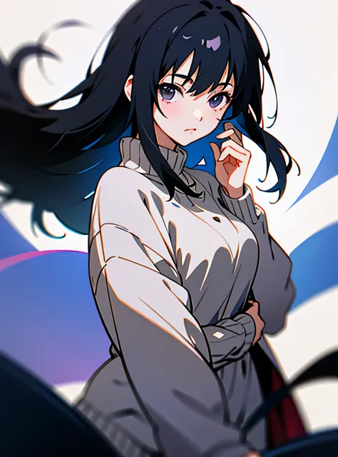 woman、black hair、the inside of the hair is purple、medium long hair、anime style illustration、gray sweater、makoto shinkai&#39;s an...