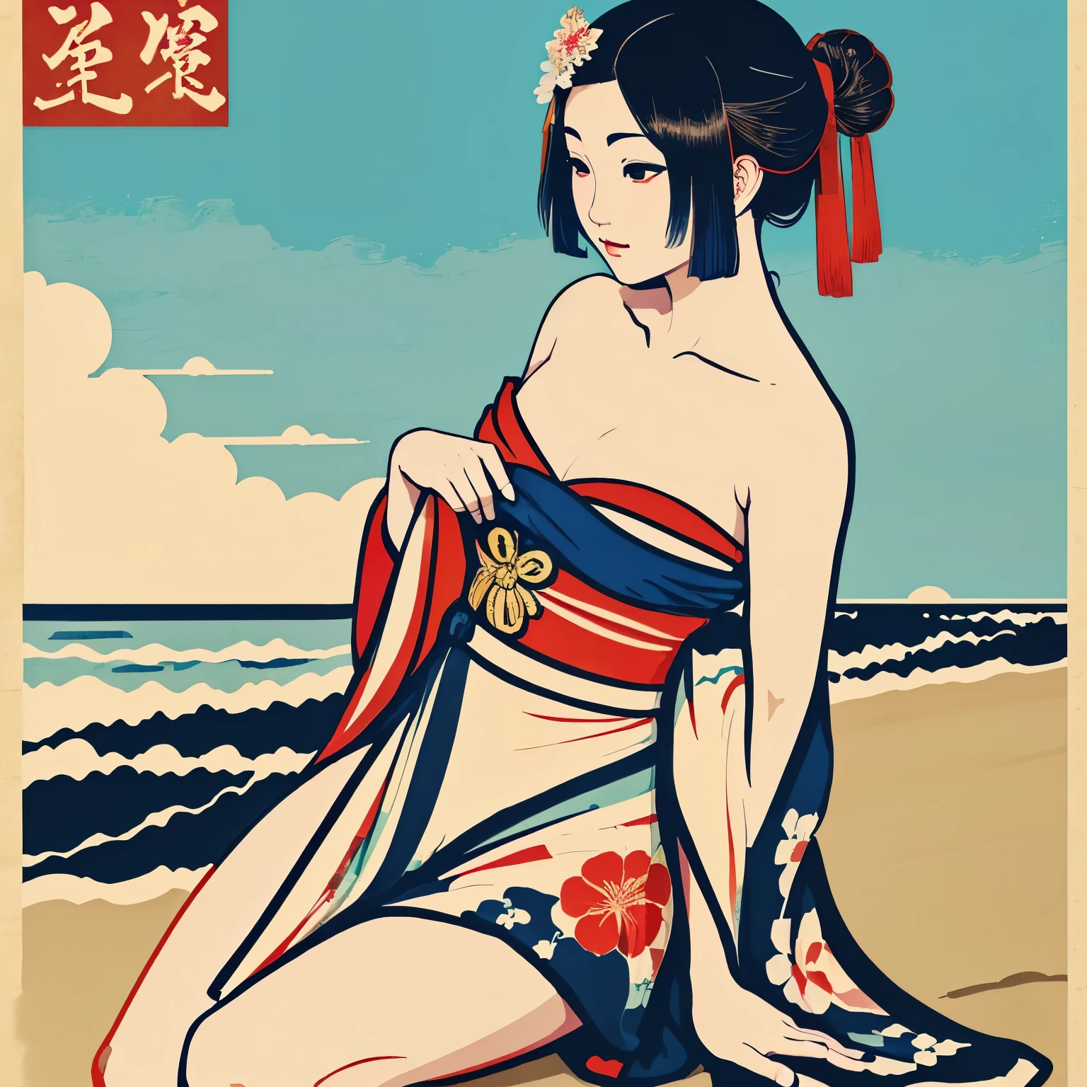 Art vintage japonais, Conception de t-shirts, art vectoriel, plat art,:1,4. \\ (japonaise, en kimono, best quality, Art officiel, Beaucoup de couleurs, couleurs du japon, ukiyo-e ,a summer at the beach, bare shoulders, belles formes,: 1.2)