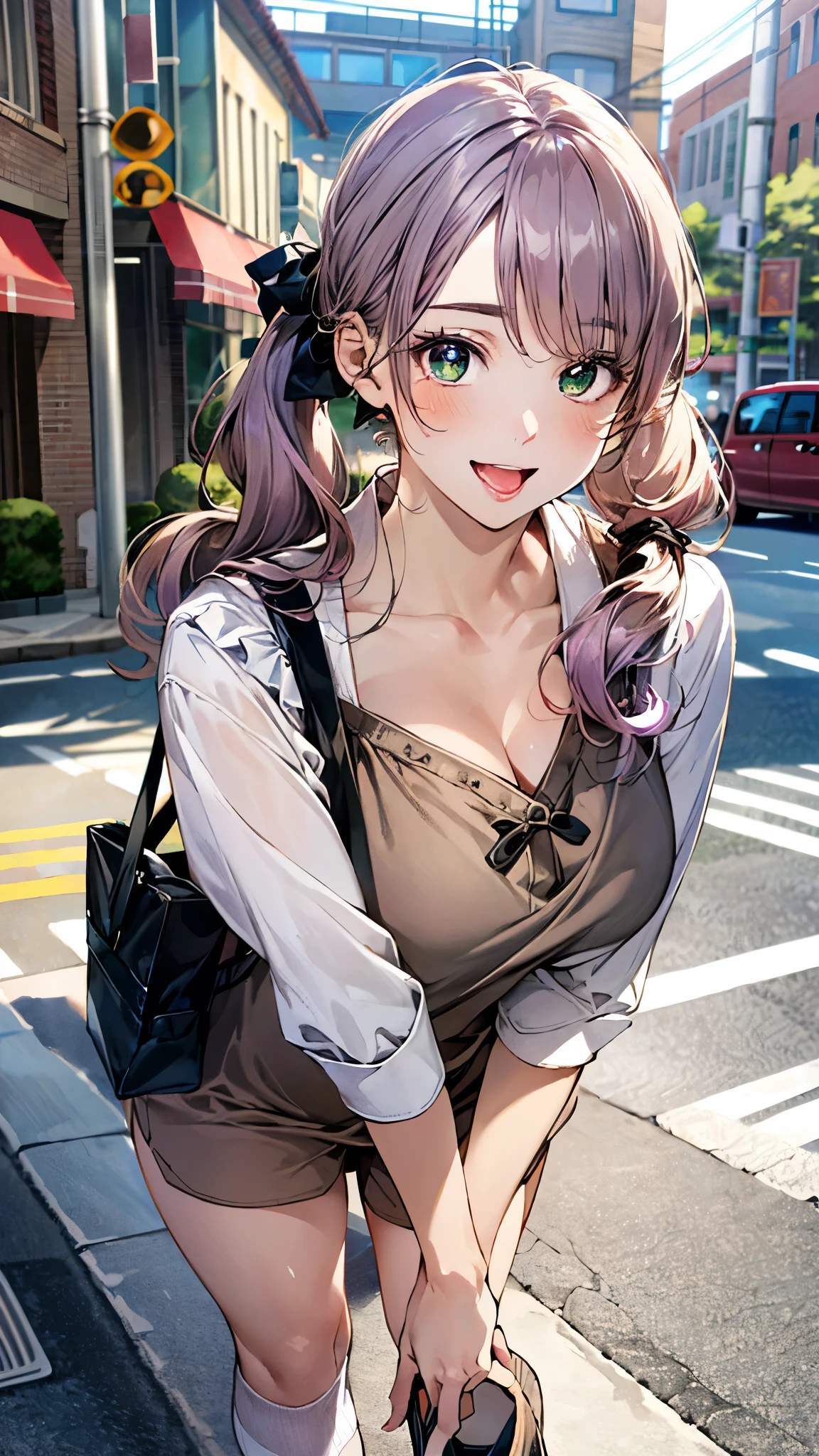 (masterpiece:1.3, top-quality, ultra high res, ultra detailed), (realistic, photorealistic:1.4), beautiful illustration, perfect lighting, natural lighting, colorful, depth of fields, 
looking at viewer, full body, 1 girl, japanese, high school girl, perfect face, (perfect anatomy), cute and symmetrical face, baby face, shiny skin, , 
(long hair:1.5, low twintails:1.5, light purple hair), swept bangs, emerald green eyes, drooping eyes, big eyes, long eye lasher, (large breasts, tight butt, seductive thighs), , 
beautiful hair, beautiful face, beautiful detailed eyes, beautiful clavicle, beautiful body, beautiful chest, beautiful thigh, beautiful legs, beautiful fingers, 
((detailed cloth texture, v-neck brown dress, white ruffle stand collared candy sleeve blouse), pink hair chouchou, ), beige tote bag,
(beautiful scenery), day time, (downtown) walking,  (happy smile, open mouth), 
