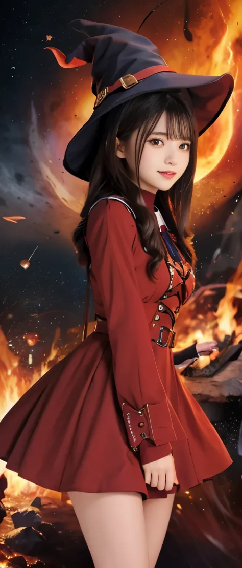 cool witch girl、whole body、good style、、、、、、、、handsome face、、red armor mini dress、、witch hat、Fire magic space