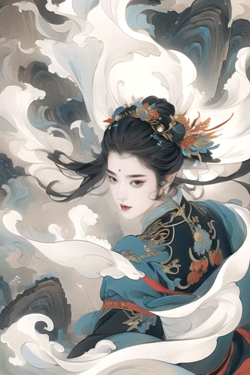 Chinese black and white ink painting,Female swordsman,heroic figure,traditional clothing,Detailed and sharp sword, Keen eyes and focused expression, dynamic poses, dramatic lighting, bright colors, high contrast, epic landscape background, hazy atmosphere, full of action, dynamic brushwork, ultra high resolution, fine details, professional quality.