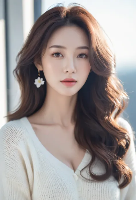 beautiful woman facial features three-dimensional face if peach blossom gentle moving big chest long curly hair white sweater sp...