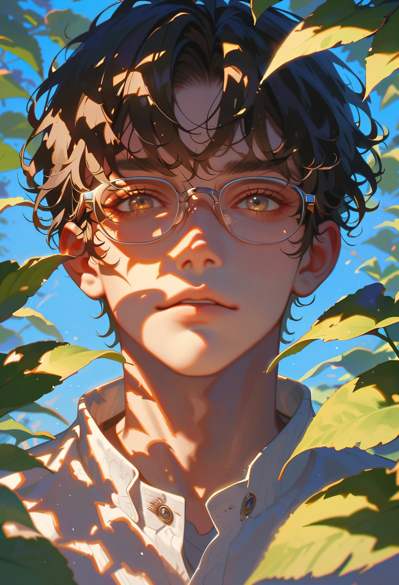 スタイル9,1人の男の子,一人で,葉,太陽の影,眼鏡