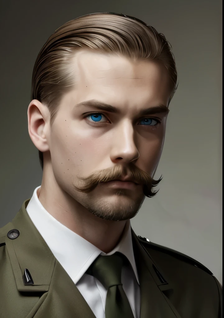 Young Adult male, white and tender skin, pale blonde slicked back combed short hair, kaisermustache, ducktail beard, steel blue eyes, green and slightly mature, serious and emotionless facial expression,wearing world war 2 era german fatigues, portrait style, facing forwards