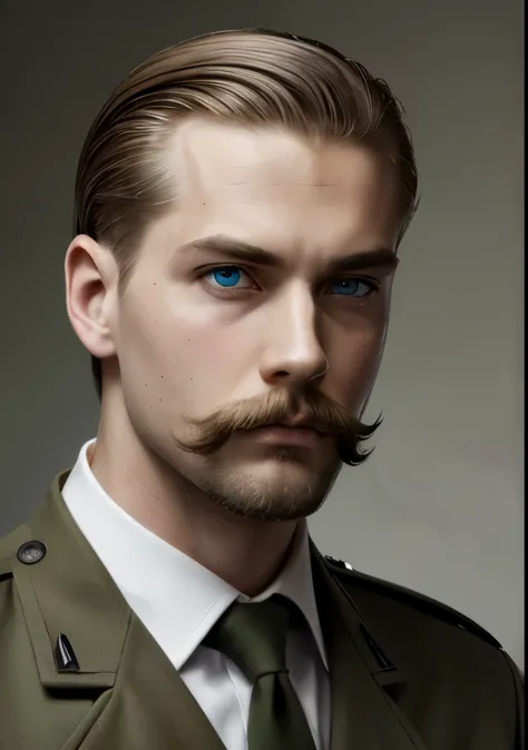 young adult male, white and tender skin, pale blonde slicked back combed short hair, kaisermustache, ducktail beard, steel blue ...