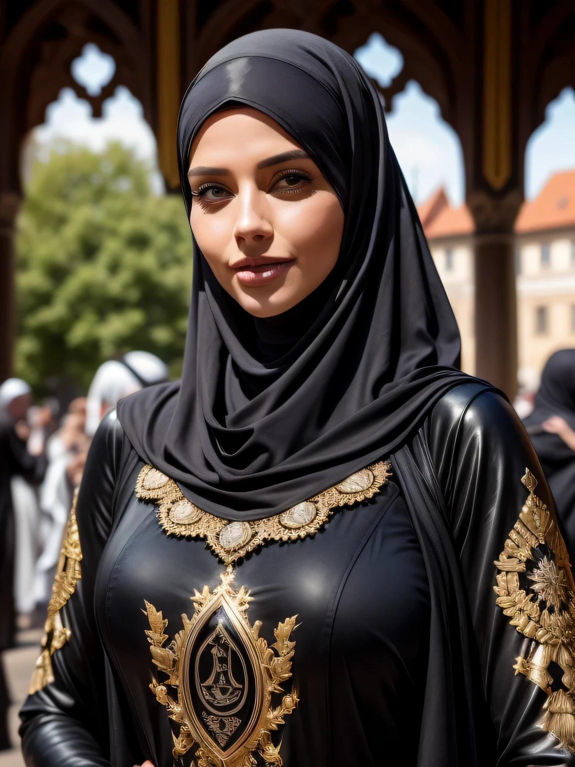 mujer hermosa, Profesional, (Foto 4K) de (Jeremy Lipking:0.3), (Anna Dittman:0.3), (ariana marca:0.3), (enfoque nítido:1.3), (Mujer hermosa:1.3), llevar (Líder-Hijab, Abaya de cuero con elaborados detalles dorados.:1.2), Maquillaje perfecto, perceptible, ojos fascinantes, hermoso rostro detallado, De pie en un mercado medieval árabe