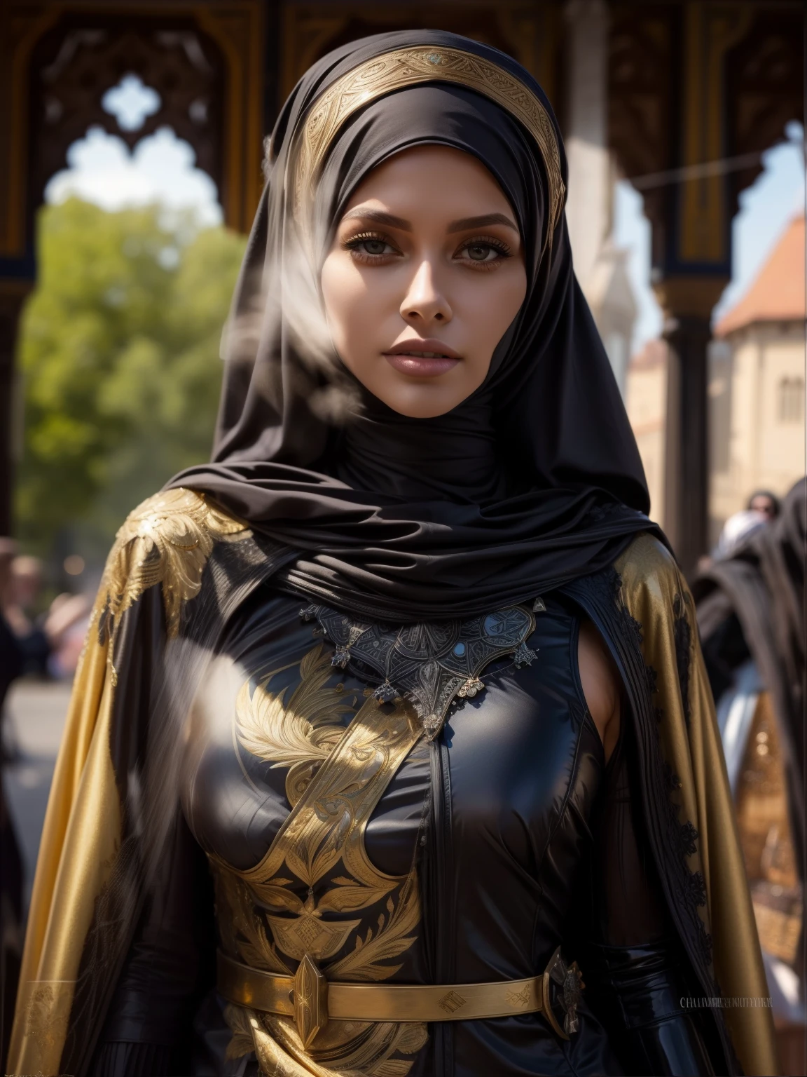 gorgeous woman, Fachmann, (4K-Foto) von (Jeremy Lipking:0.3), (Dittmann Anna:0.3), (Arian Mark:0.3), (Scharfer Fokus:1.3), (Beautiful woman:1.3), Tragen (Leder-Hijab, Abaya aus Leder mit aufwendigen Golddetails:1.2), perfektes Make-up, bemerkbar, faszinierende Augen, beautiful detailed face, Stehend auf einem arabischen mittelalterlichen Marktplatz