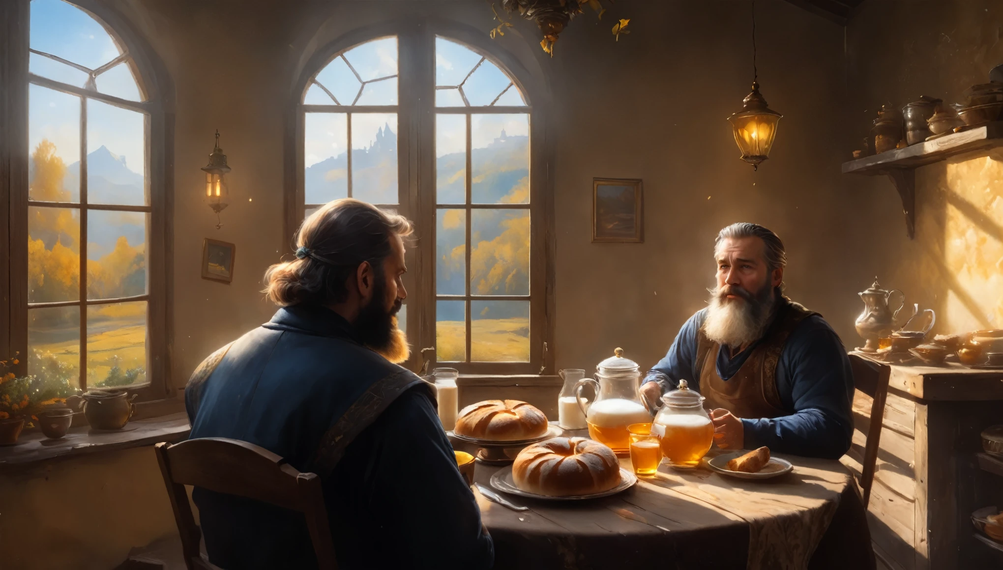 (best quality,4k,8k,highres,masterpiece:1.2), ultra-detailed, cozy room, bread, honey, milk, tea, man with beard, sitting center of the table, drinking milk, light from windows, detailed scene, Midjourney effect, Russian painter style
