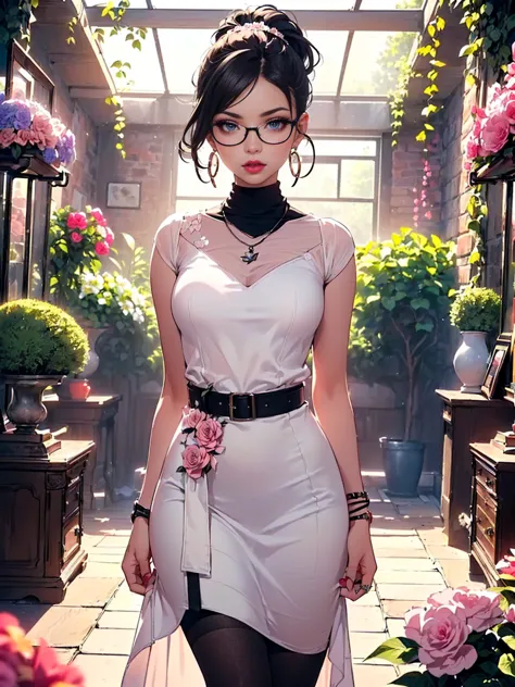 ((1woman, solo, alone, woman, (retro high pony), brown hair, black eyes, prescription glasses, pink lipstick, wrist watch, weddi...