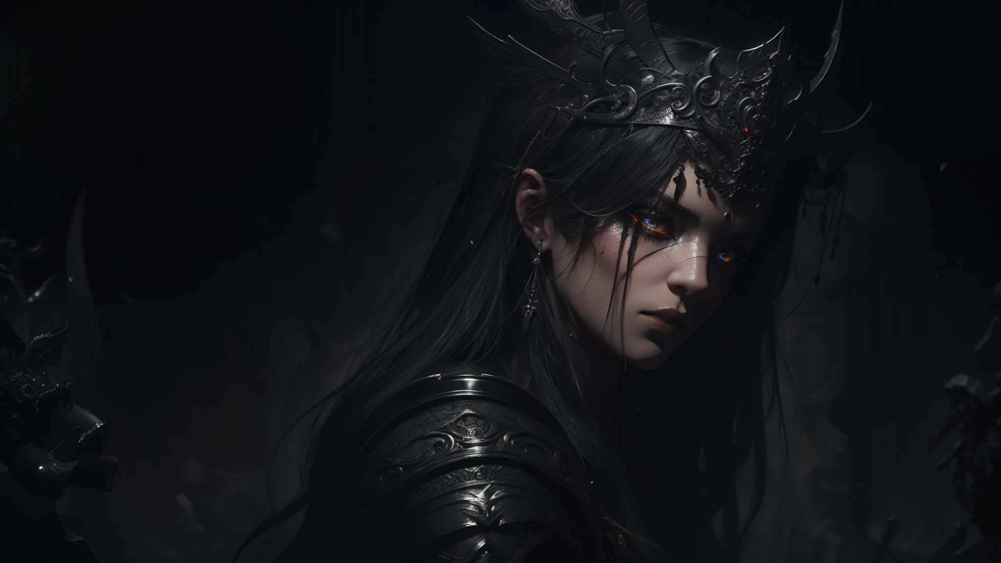 ((masterpiece, ultra detailed)), concept art, illustration, digital art, 1girl, solo, pale young woman surrounded by black smoke with ash ((angry face)) hidden in gothic cathedral, ( (very long hair, black hair)),((red iris and pupil)), knight, silver black knight armor, ((incredibly beautiful)), beautiful eyes, dynamic pose, battle posture ready, elegant pose, red ash, black volumetric smoke dense dark theme,  black smoke with ash, dark theme, hdr, bloom, bright, dimming lighting, backlight, cinematic lighting, soft lighting, natural lighting, dramatic lighting, dark lighting, (ornate), intricate, highly detailed, hyper-realistic, trend in artstation, award-winning, fascinating, elegant, RAW photo, absurd, highres, 4k, studio quality, octane, 8k uhd, League of Legends close-up, splash art, ha,  Ionia, Noxian armor