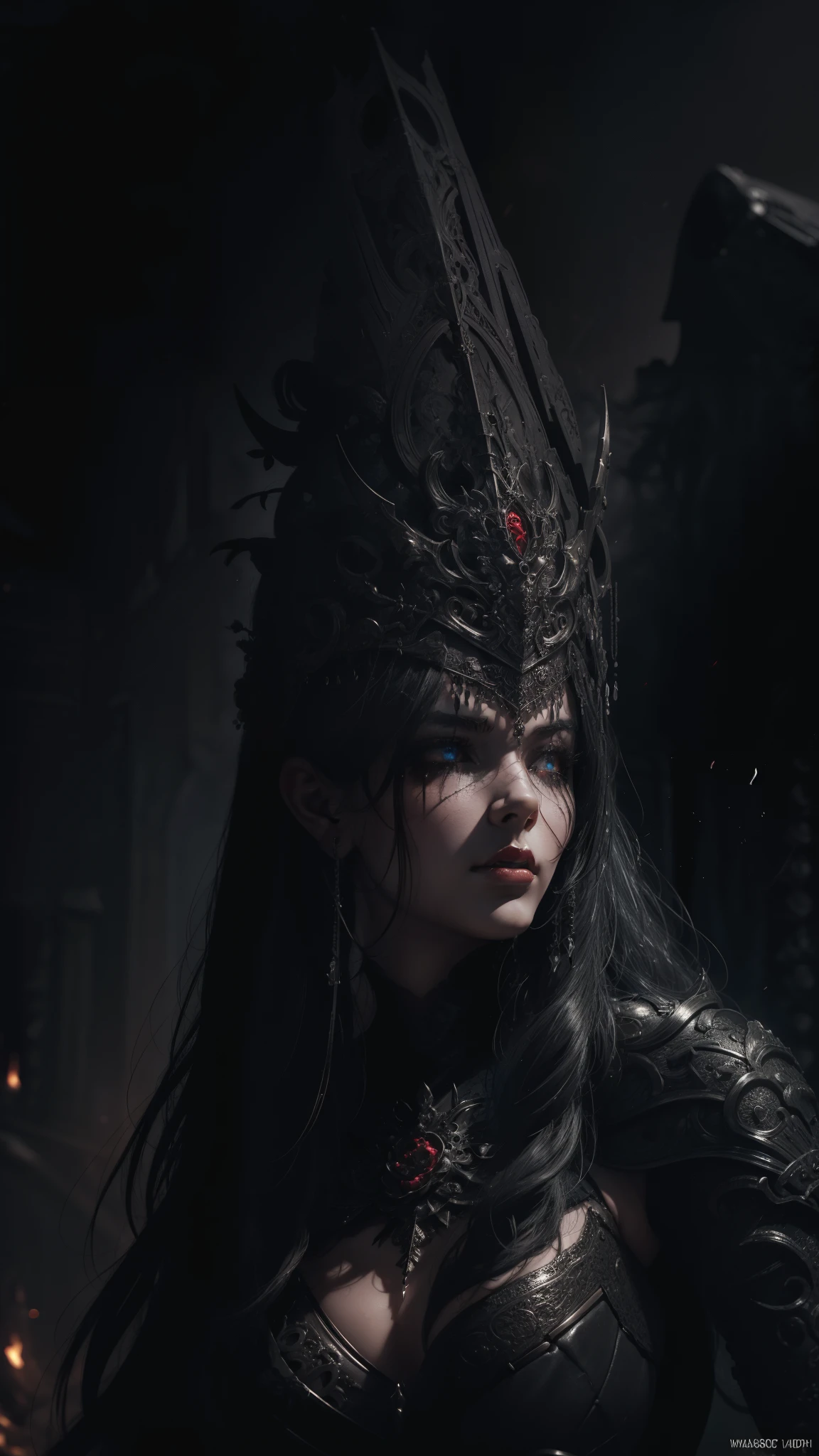 ((masterpiece, ultra detailed)), concept art, illustration, digital art, 1girl, solo, pale young woman surrounded by black smoke with ash ((angry face)) hidden in gothic cathedral, ( (very long hair, black hair)),((red iris and pupil)), knight, silver black knight armor, ((incredibly beautiful)), beautiful eyes, dynamic pose, battle posture ready, elegant pose, red ash, black volumetric smoke dense dark theme,  black smoke with ash, dark theme, hdr, bloom, bright, dimming lighting, backlight, cinematic lighting, soft lighting, natural lighting, dramatic lighting, dark lighting, (ornate), intricate, highly detailed, hyper-realistic, trend in artstation, award-winning, fascinating, elegant, RAW photo, absurd, highres, 4k, studio quality, octane, 8k uhd, League of Legends close-up, splash art, ha,  Ionia, Noxian armor