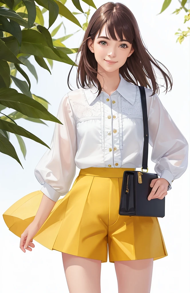 1girl, realistic, standing, photo, gorgeous yellow blouse, shorts, looking past viewer, feminine, smile, photorealism, fashion design, simple white background,  (perfect face:1.4),  model, vogue magazine cover