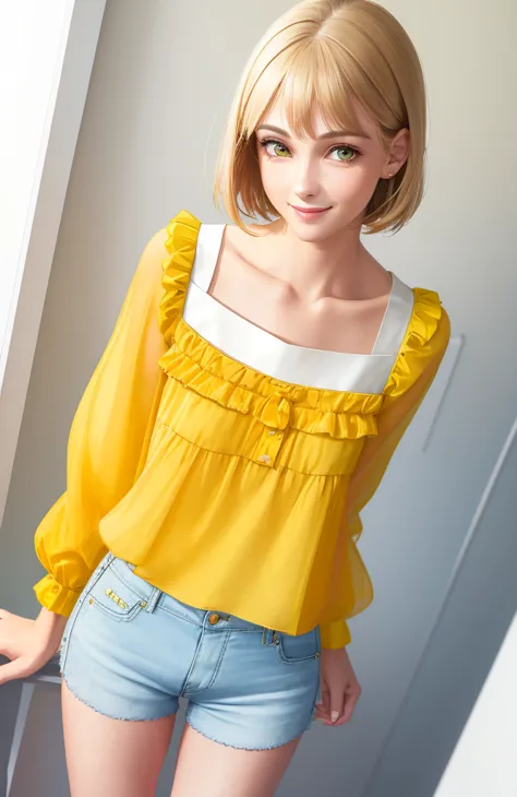 1girl, realistic, standing, photo, gorgeous yellow blouse, shorts, looking past viewer, feminine, smile, photorealism, fashion d...