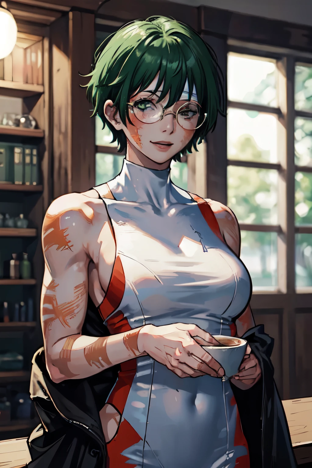 (masterpiece), Maki, 1girl, solo, looking at viewer, smile, short hair,green hair, suit, glasses, blurry, blurry background, scar, bandages, scar on face, burn scar, full body, muscular, standing, big arms, 