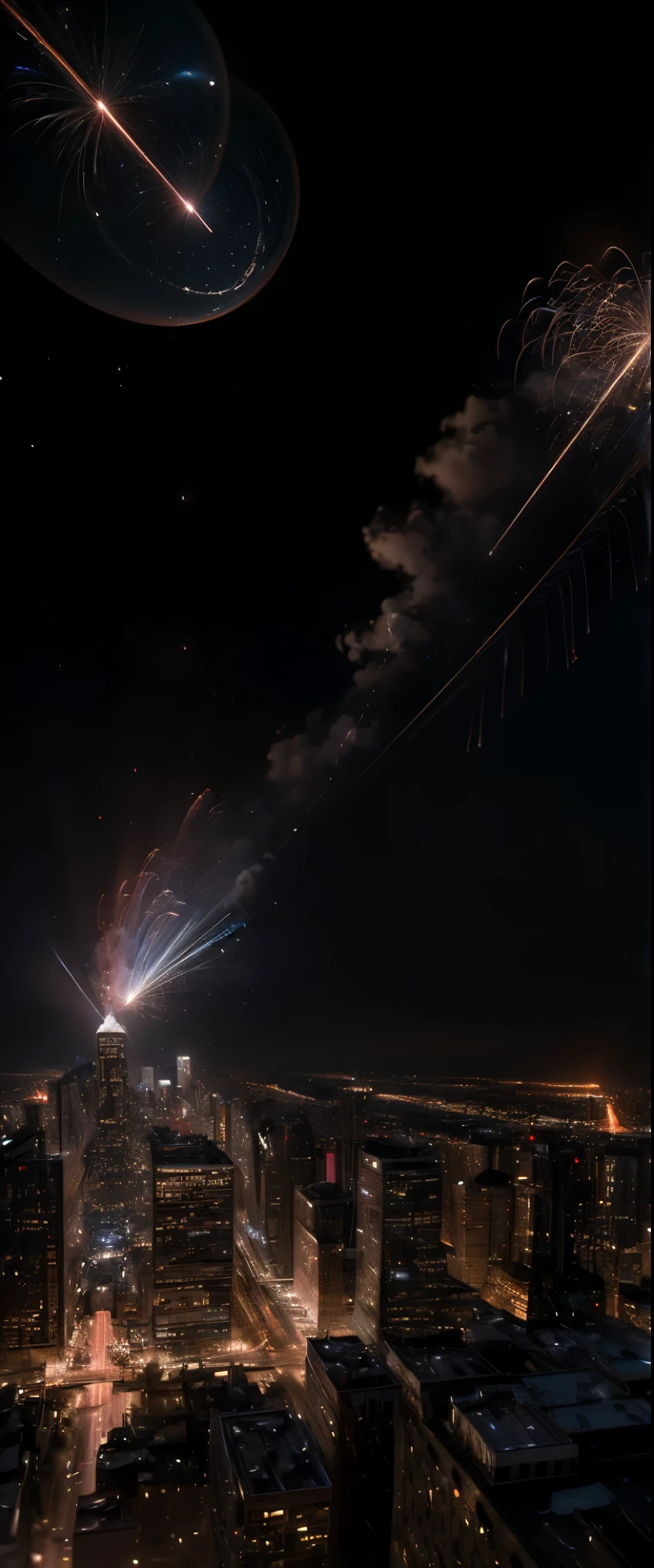 ((masterpiece, highest quality, Highest image quality, High resolution, photorealistic, Raw photo, 8K)), Meteorites rain down on the city from the night sky,