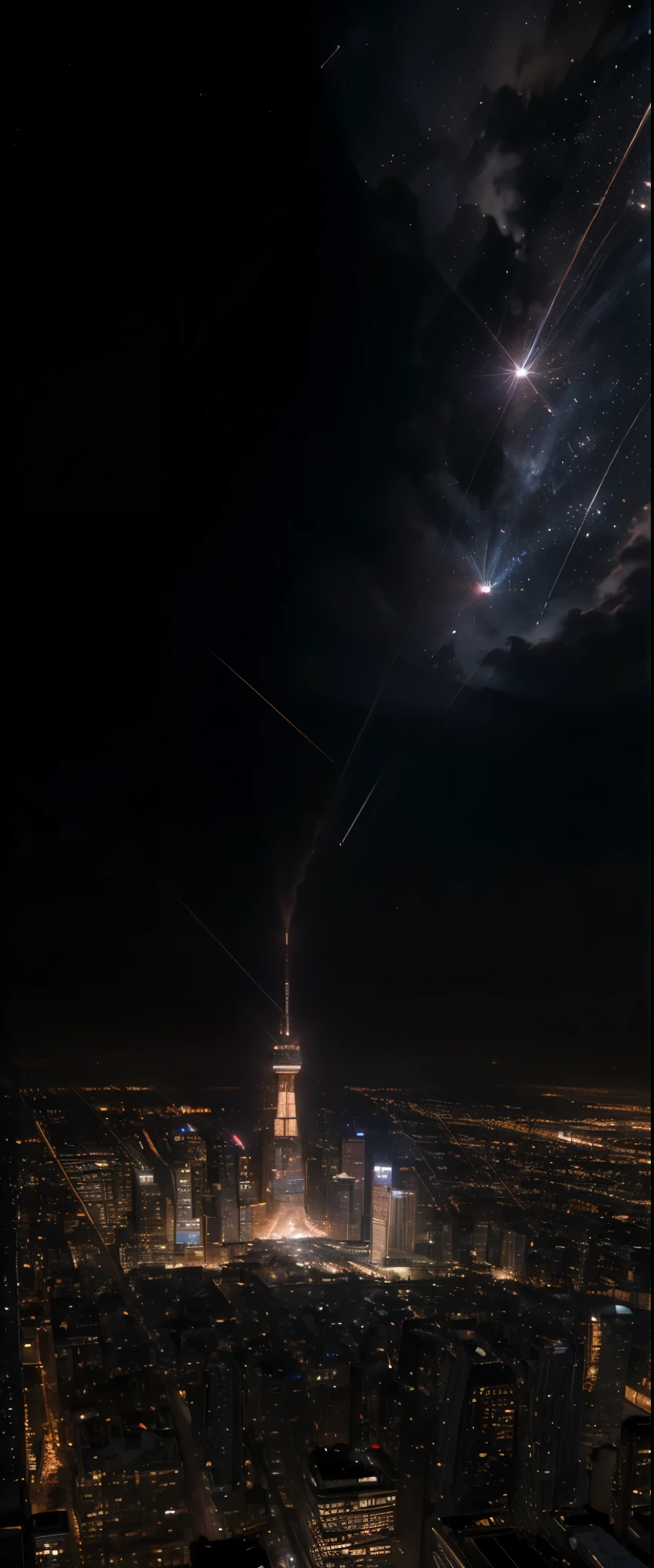((masterpiece, highest quality, Highest image quality, High resolution, photorealistic, Raw photo, 8K)), Meteorites rain down on the city from the night sky,