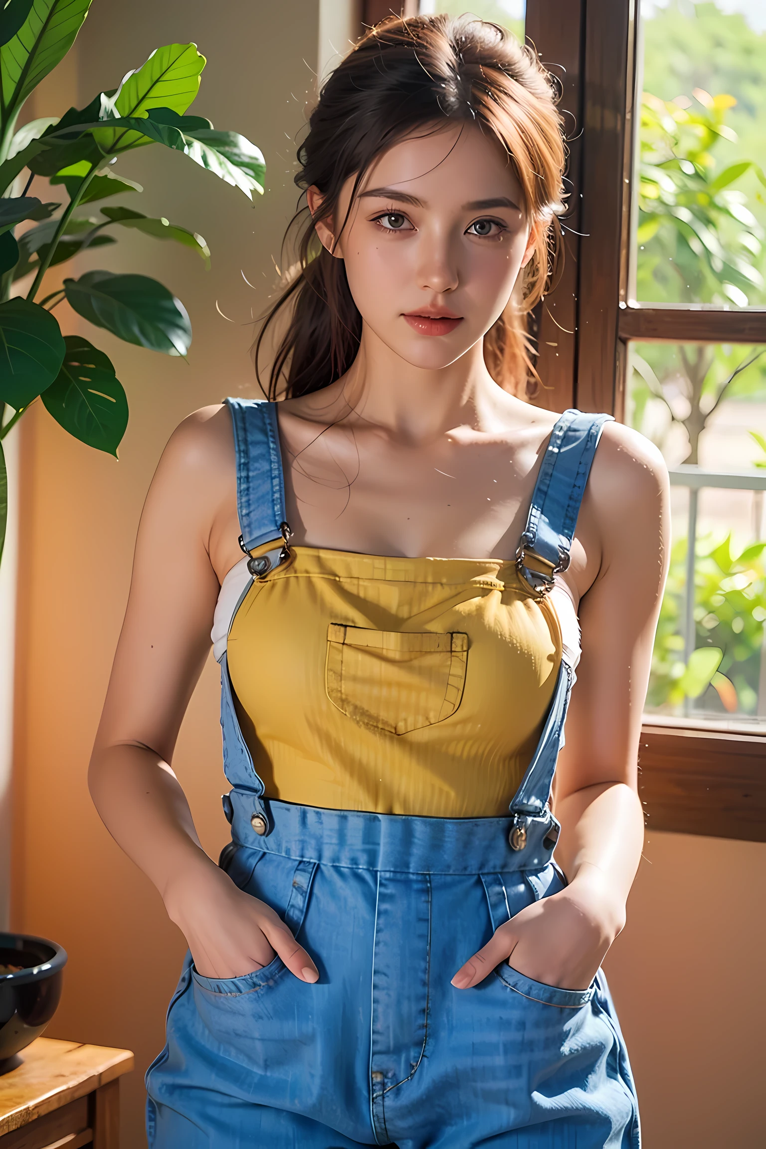 Realistic photography, 8k ,beautiful woman, sexy (yellow overalls:1.3)