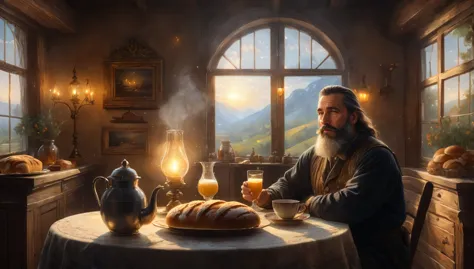 (best quality,4k,8k,highres,masterpiece:1.2), ultra-detailed, cozy room, bread, honey, milk, tea, man with beard, sitting center...