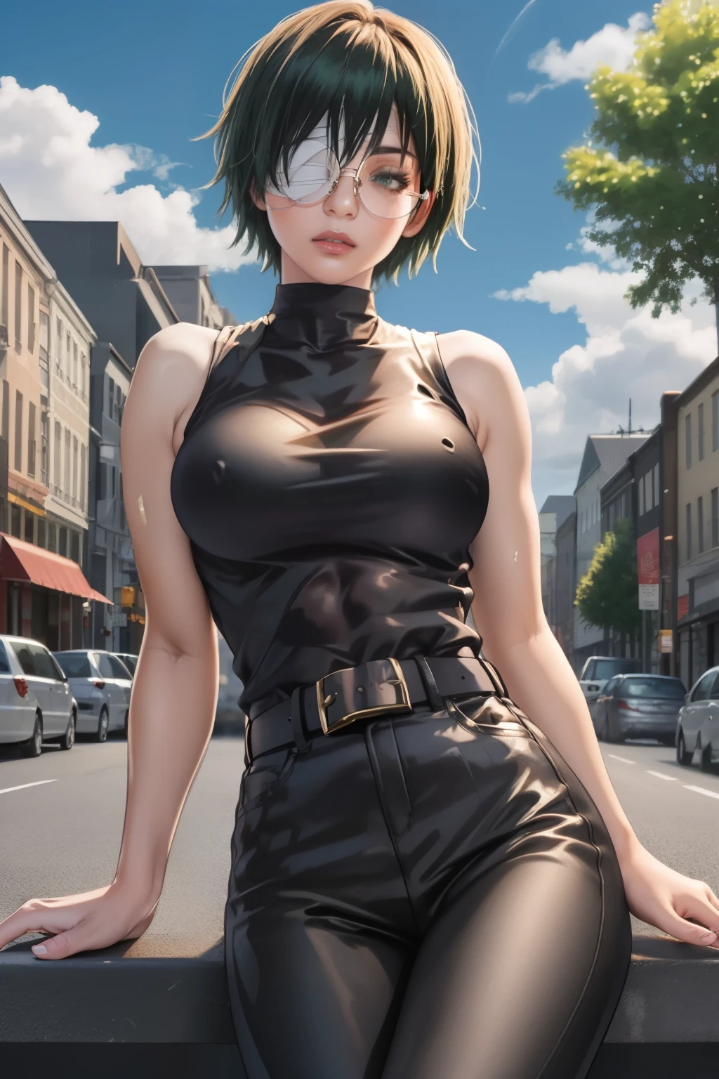 MakiShS1, solo,  short hair, 1girl,  looking at viewer, glasses, green hair, sleeveless, belt, pants, bangs, cowboy shot,  shirt, muscular, bandages, round eyewear, bandage over one eye, breasts, bare shoulders, closed mouth, muscular female, turtleneck, yellow eyes, black pants, black shirt, parted lips, black clothes, sleeveless shirt, large breasts, high-waist pants, outdoors, sky, blue sky, clouds, trees, buildings,   sitting, sitting in, girl sitting, BREAK
masterpiece, best quality, highly detailed background, perfect lightingbest quality, ((shiny skin, glossy skin, detailed skin))