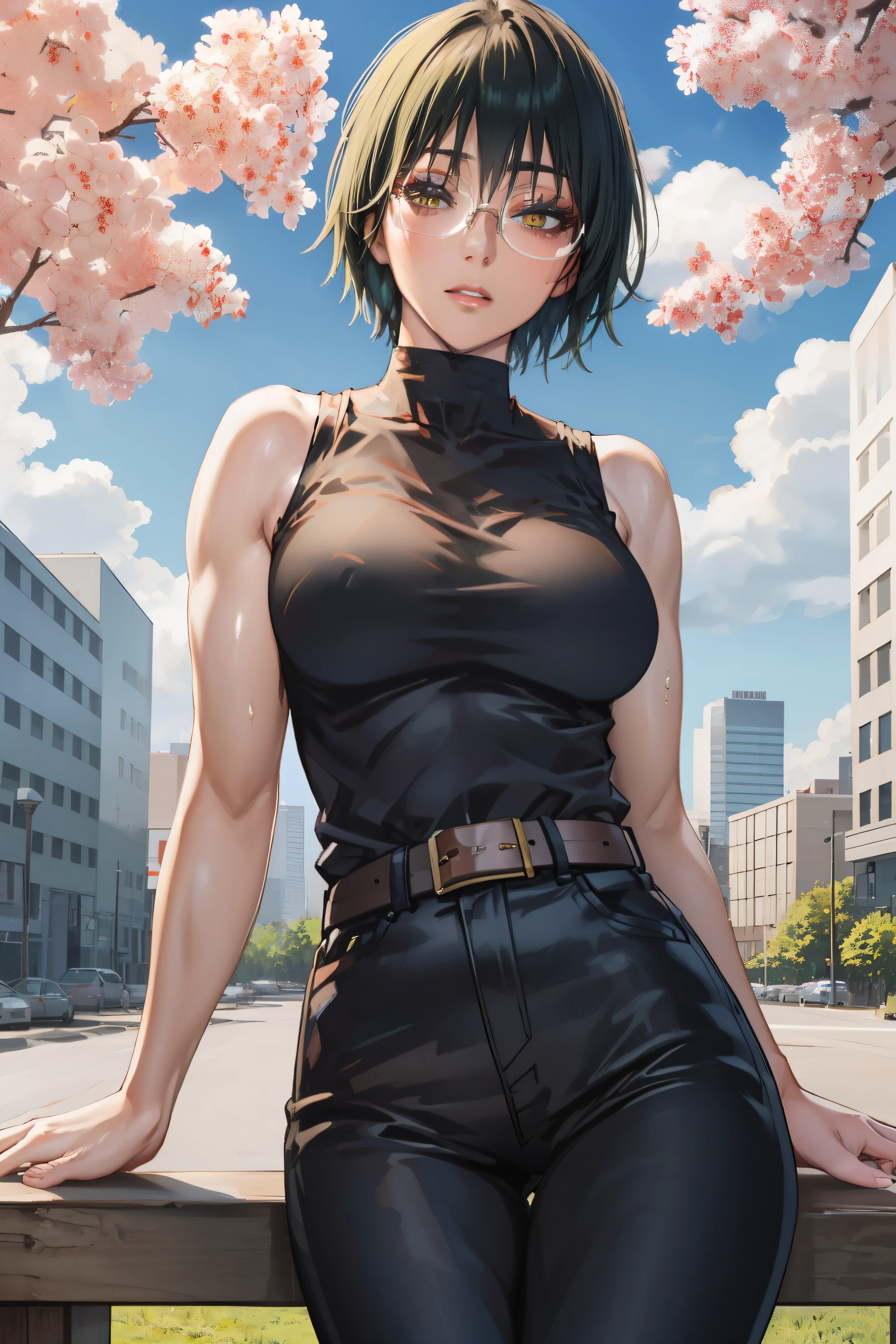 MakiShS1, solo,  short hair, 1girl,  looking at viewer, glasses, green hair, sleeveless, belt, pants, bangs, cowboy shot,  shirt, muscular, breasts, bare shoulders, closed mouth, muscular female, turtleneck, yellow eyes, black pants, black shirt, parted lips, black clothes, sleeveless shirt, large breasts, high-waist pants, outdoors, sky, blue sky, clouds, trees, buildings,   sitting, sitting in, girl sitting, BREAK
masterpiece, best quality, highly detailed background, perfect lightingbest quality, ((shiny skin, glossy skin, detailed skin))