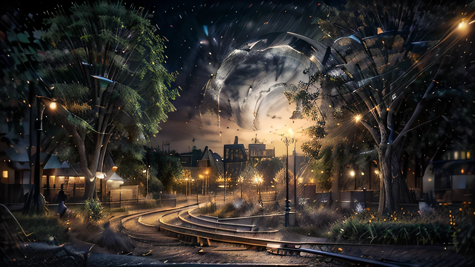 A magical summer night in the city. the other side of the tracks、View of a large park beyond the white park fence. lots of lights, wreath, music, people々々. A lake shining in the distance illuminated by moonlight. An ancient square somewhere in the maze of streets. Cars fly by like fireflies