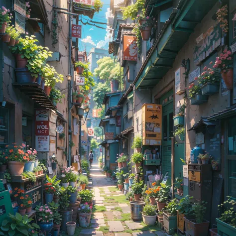 narrow alley with a lot of plants, anime background art, anime style cityscape, anime art wallpaper 8 k, anime scenery concept a...